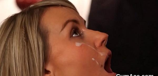  Unusual sex kitten gets sperm load on her face gulping all the jizm